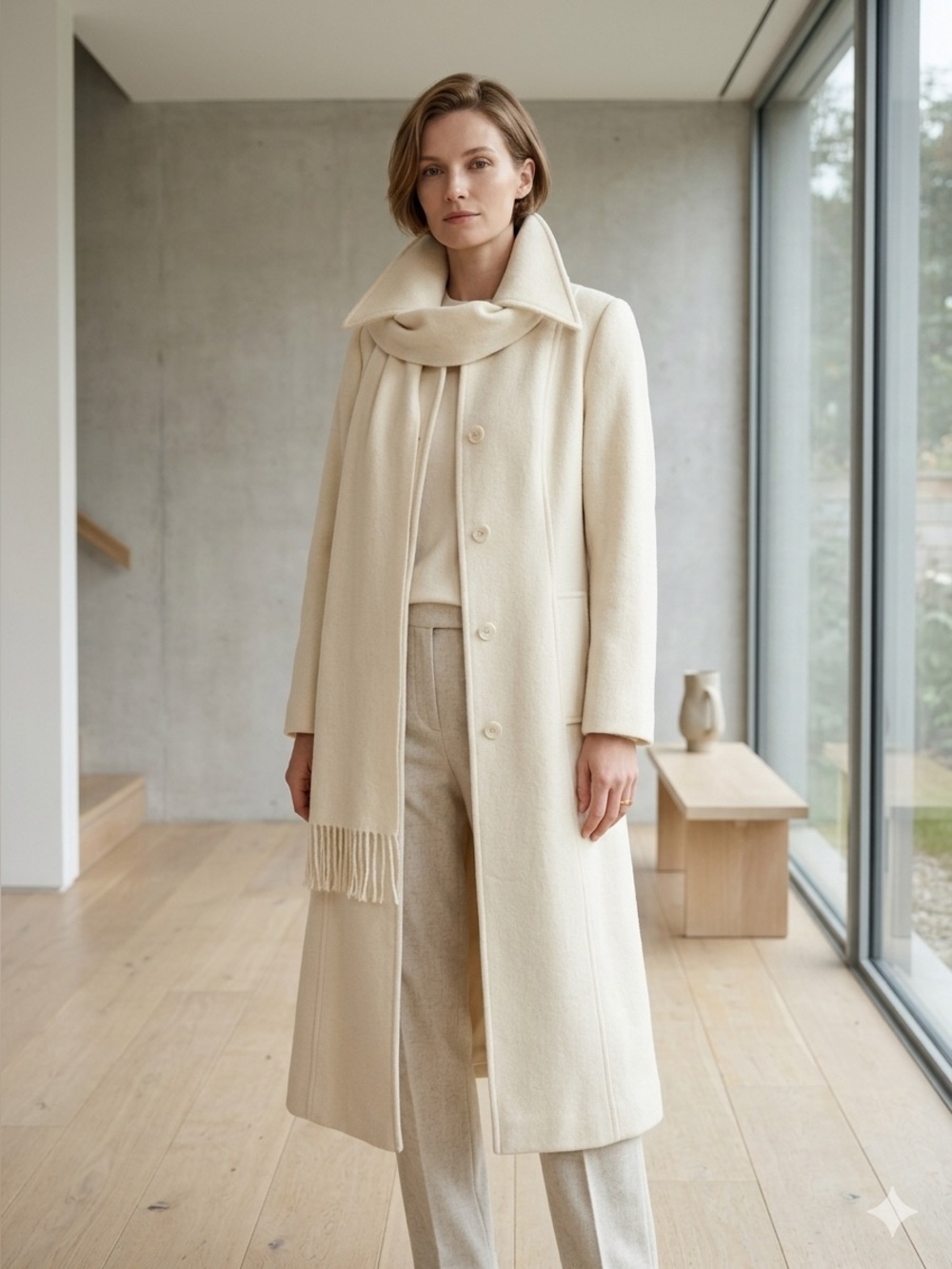 Vintage 60s / 70s Niccolini Cream A-Line Wool Coat & Scarf - XS